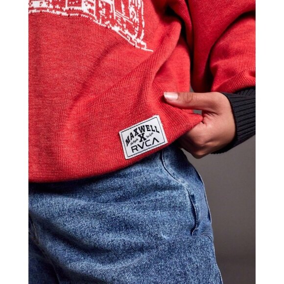 RVCA STELLA MAXWELL Skyline Sweater Sz L Red Black Colorblock New York Graphic - Picture 11 of 16